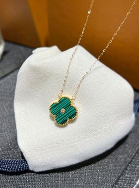 纯18K耳四叶草带钻项坠au750彩金双轻奢小众锁骨链吊坠女款水贝金