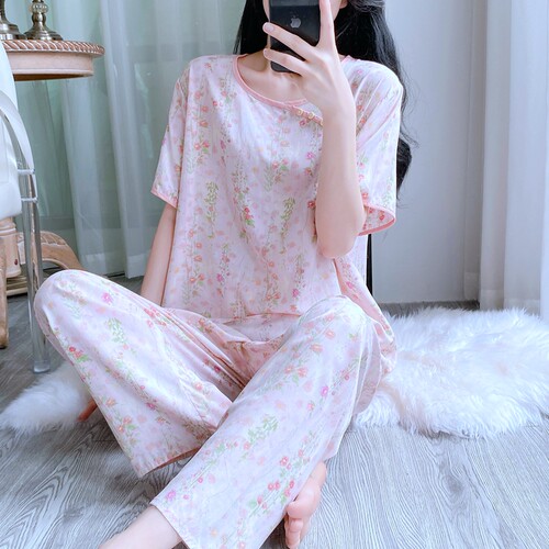 棉绸睡衣女夏季短袖长裤人造棉绵绸新中式薄款宽松气质家居服套装 - 图3