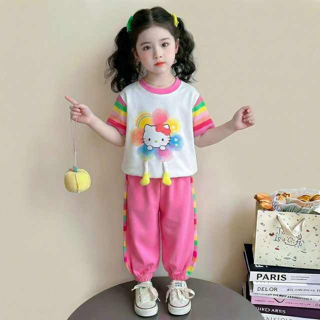 ເດັກຍິງຊຸດ summer ເດັກນ້ອຍ cat ສັ້ນ sleeve summer dress ບາງ