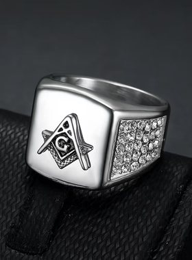 欧美饰品钛钢指环个性复古共济会男士钛钢戒指礼品锆石指环男饰品