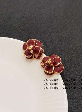 珐琅滴釉中古风山茶花耳钉