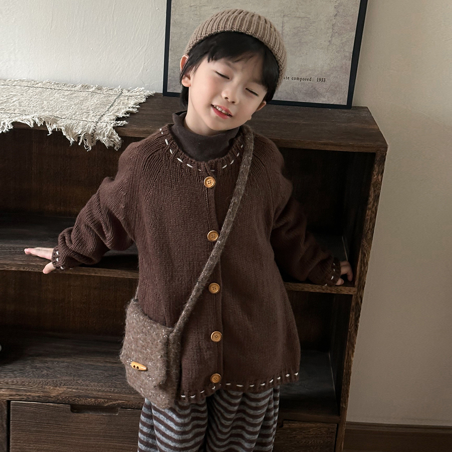 暮晨家新款秋装2025男童粗明线针织开衫中小童森系复古外套毛线衣,淘宝优惠券,粉丝福利购,淘宝优惠卷