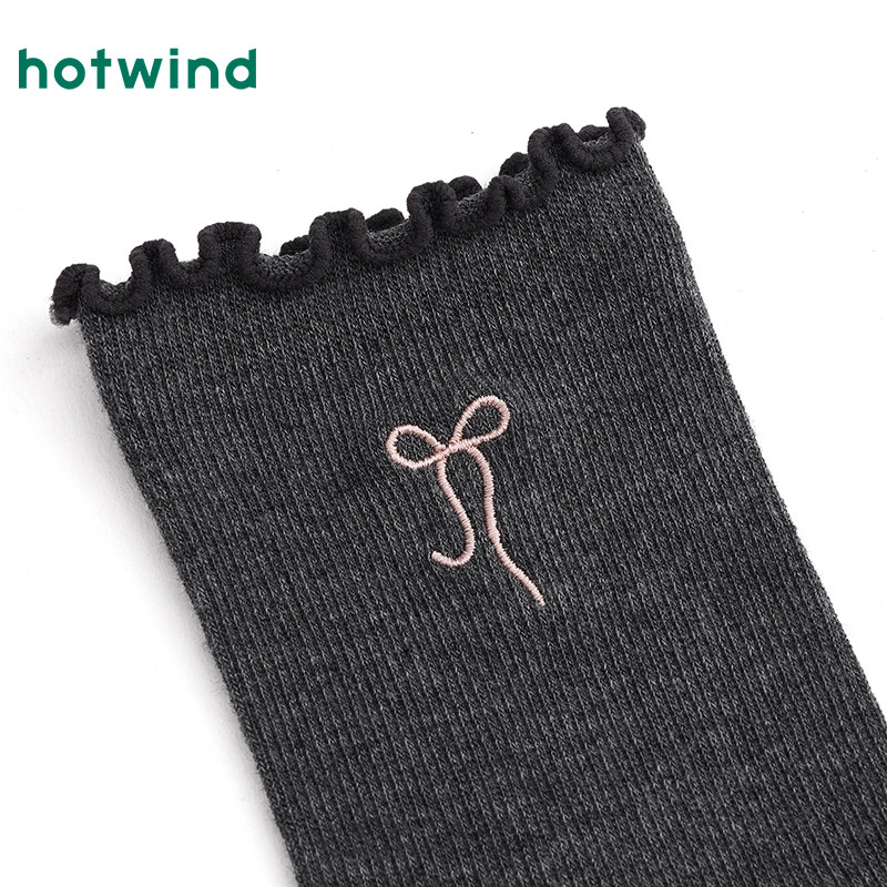 热风女士袜子2025年秋季新款木耳边花边刺绣中帮袜蝴蝶结少女袜子,淘宝优惠券,粉丝福利购,淘宝优惠卷