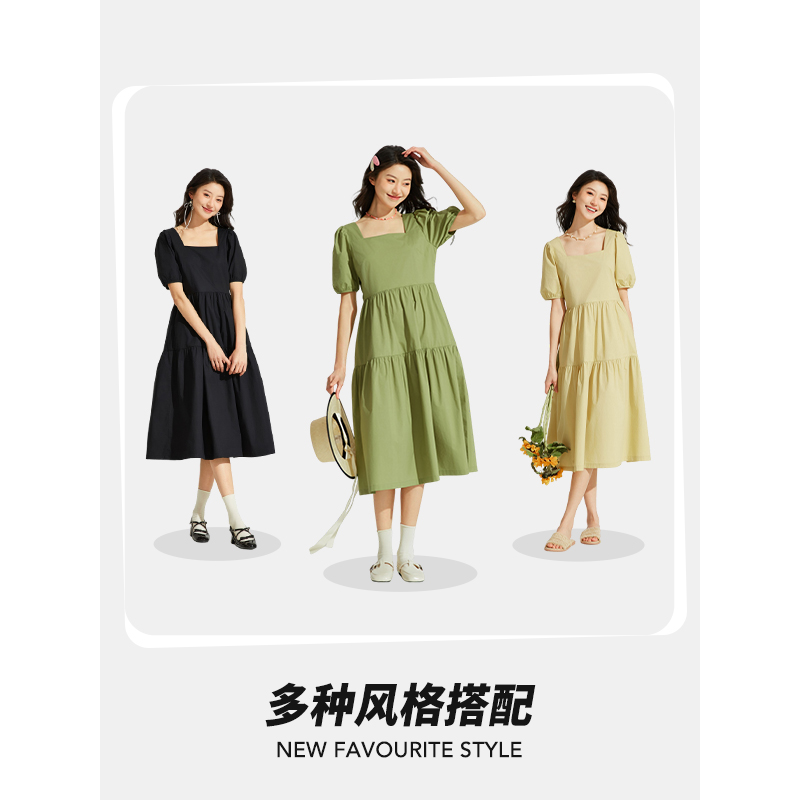 热风绿色连衣裙2024年夏季新款女装法式方领连衣裙子蛋糕裙长裙 - 图3