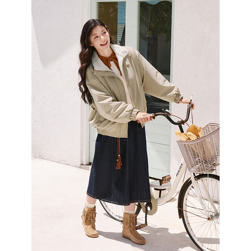 热风女士立领夹克外套仿羊羔毛外套2025年冬季新款宽松休闲上衣,淘宝优惠券,粉丝福利购,淘宝优惠卷