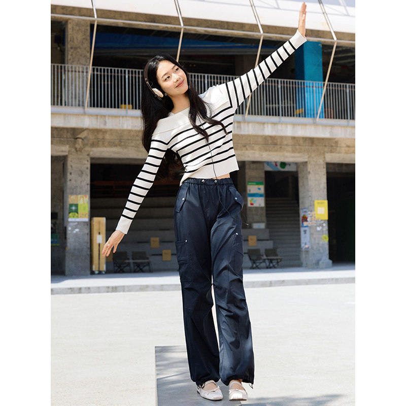 热风女士条纹针织衫2025年秋季新款法式一字肩修身显瘦针织衫上衣,淘宝优惠券,粉丝福利购,淘宝优惠卷