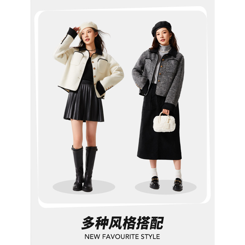 热风2023年冬季新款女士羊毛双面呢小香风毛呢外套气质短外套女,淘宝优惠券,粉丝福利购,淘宝优惠卷