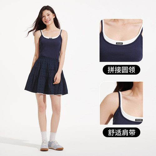 热风2026年夏季新款女士假两件吊带拼色休闲内搭打底衫吊带上衣 - 图1