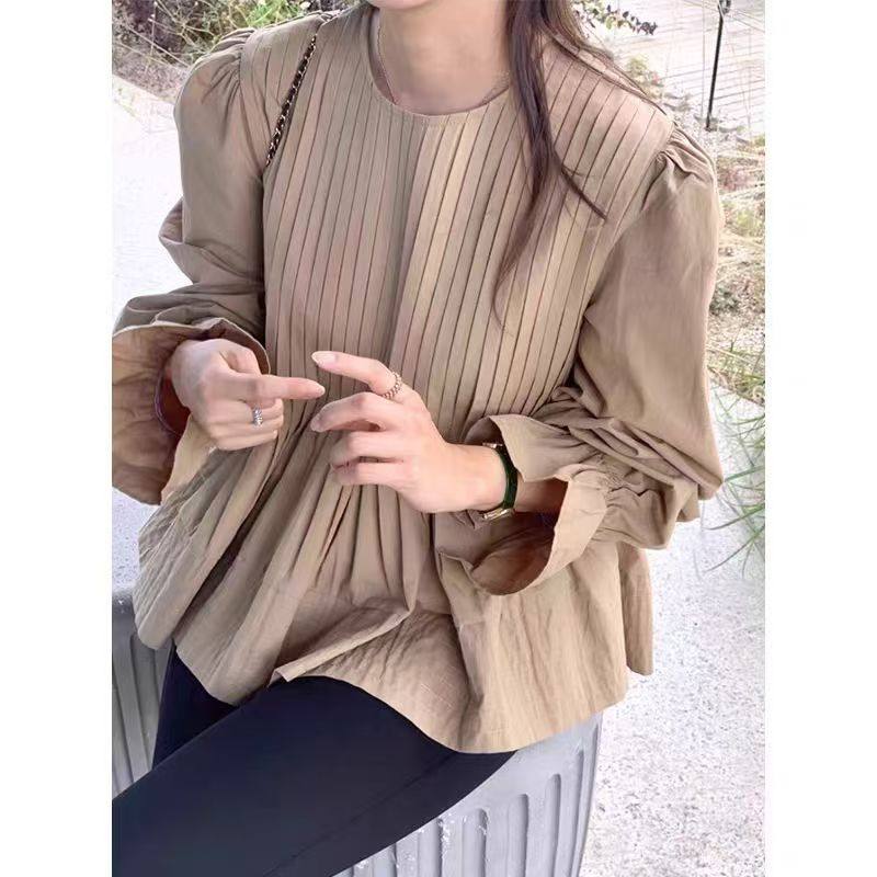 韩国chic圆领风琴褶设计感宽松百搭纯色喇叭袖衬衫女,淘宝优惠券,粉丝福利购,淘宝优惠卷