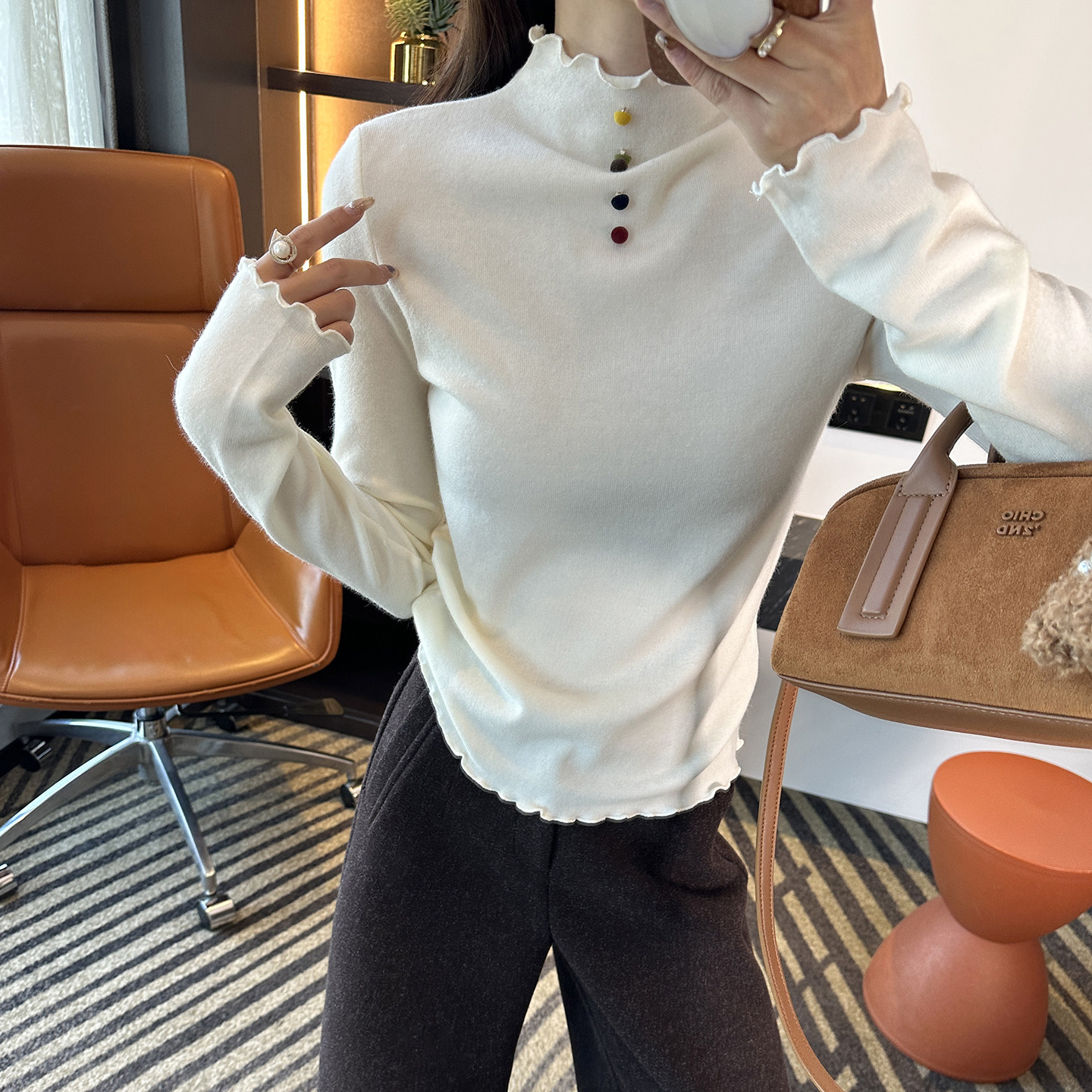 天鹅颈既视感！~半高领木耳边长袖打底衫女秋冬新内搭针织衫上衣,淘宝优惠券,粉丝福利购,淘宝优惠卷