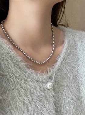 真多麻灰色珍珠项链叠戴ins百搭轻奢小众毛衣链气质高级感锁骨链