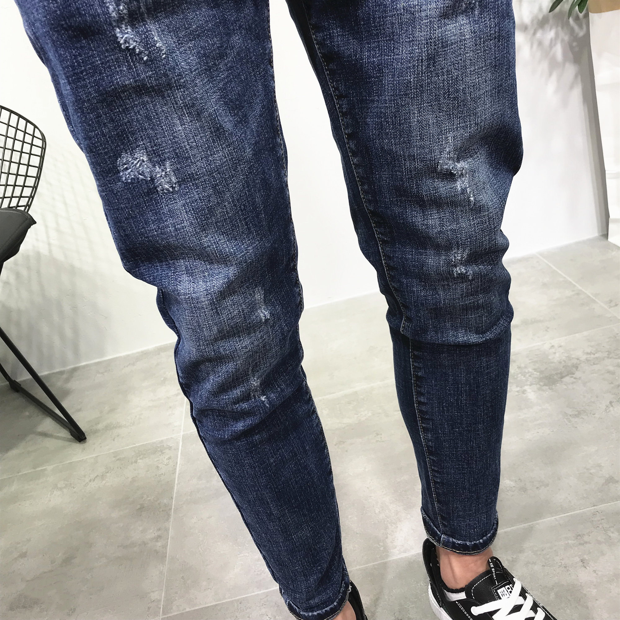 斜插口袋微跨深蓝牛仔裤男潮秋新韩修身小脚老爹工装长裤社会青年 - 图1