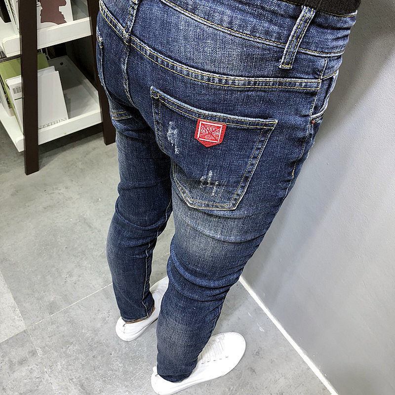 潮男原创秋新韩版修身深蓝贴标显瘦百搭小脚牛仔裤社会小伙青年长,淘宝优惠券,粉丝福利购,淘宝优惠卷
