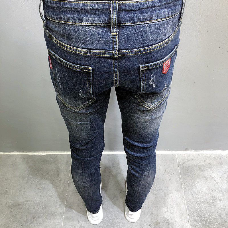 潮男原创秋新韩版修身深蓝贴标显瘦百搭小脚牛仔裤社会小伙青年长,淘宝优惠券,粉丝福利购,淘宝优惠卷