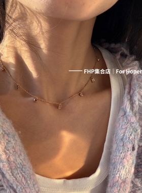 钛钢镶粉锆项链锁骨链