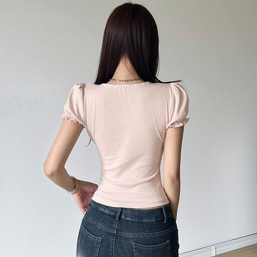 ROCKMORE【法式甜欲】粉色花边方领泡泡短袖T恤甜美排扣少女上衣 - 图2