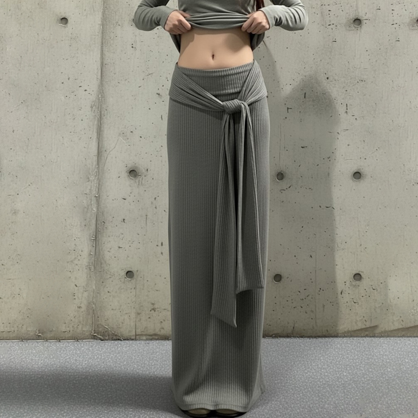 ROCKMORE【美式简约】灰色低腰绑带坑条针织长裙辣妹休闲中长裙潮 - 图2