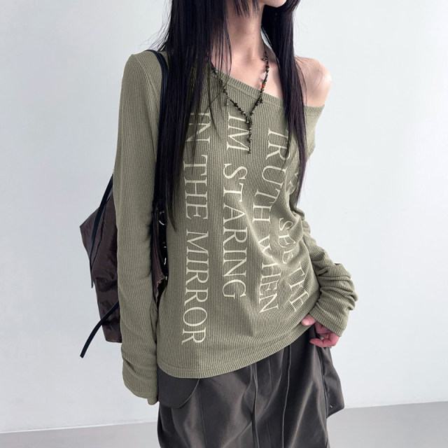 Korean style lazy letter print slanted shoulder T-shirt for women