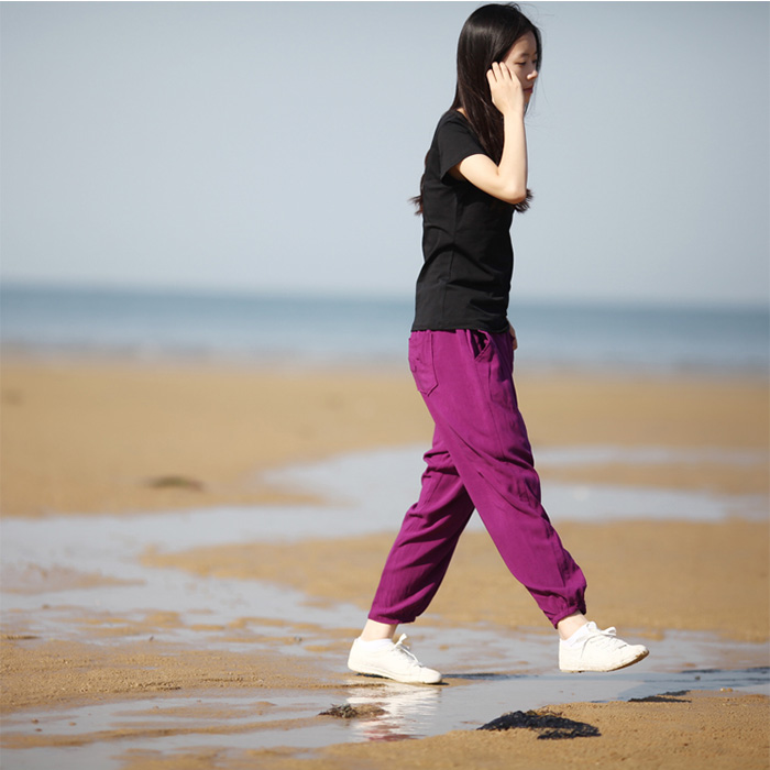 乐往原创女装文艺复古棉麻休闲裤女薄款夏季紫色宽松显瘦旅途长裤