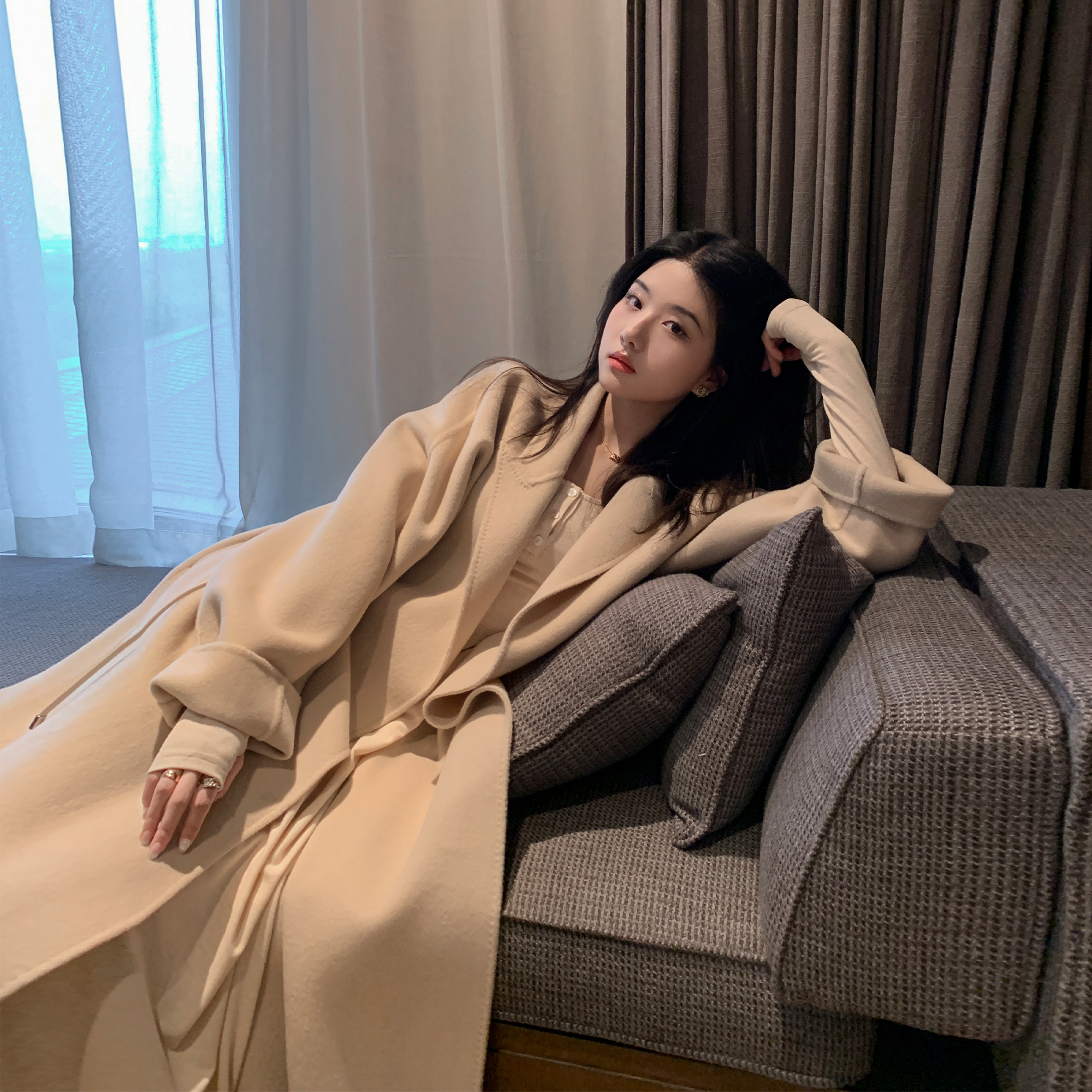 Middletone 新晋大衣 Max秀场双面羊毛大衣女长款抽绳毛呢外套 - 图0