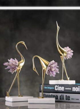 新中式现代水晶仙鹤纯铜摆件轻奢客厅家居金属饰品样板间桌面摆设