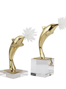 海豚雕塑摆件天然水晶石膏创意手工艺品家居软装饰售楼部轻奢风格