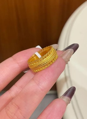 古法金包银腰缠万贯戒指镂空指环
