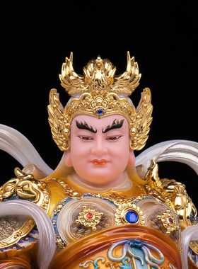 汉白玉彩绘韦陀关公佛像供奉摆件