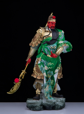 汉白玉彩绘关公武财神关二爷摆件