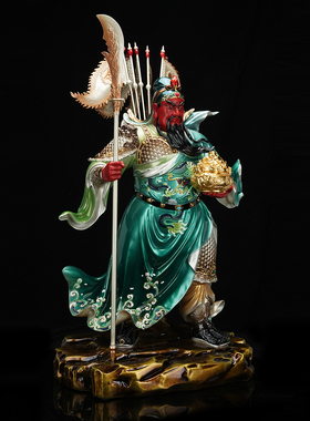 全铜彩绘关公武财神供奉摆件