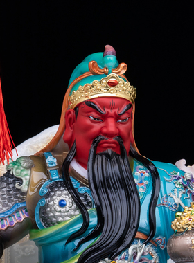汉白玉彩绘关公武财神摆件