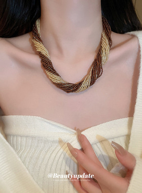 多巴胺米珠多层缠绕项链小众波西米亚风设计颈链气质小清新项饰女