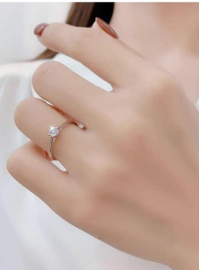 S999纯银戒指韩版女六爪仿真钻戒高级感开口婚戒简约指环手饰