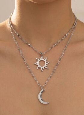 Stainless steel sun moon multi-layer neckchain titanium stee