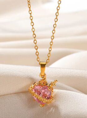 Pink Heart Zircon Necklace Gold Color Stainless Steel Cupid