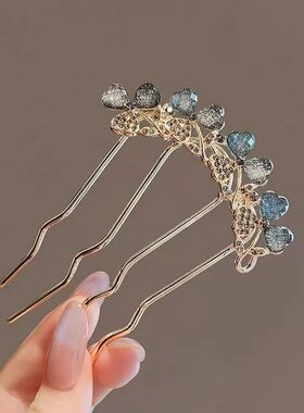 French Style Rhinestone Heart U-Shaped Hairpin Ancient Alloy