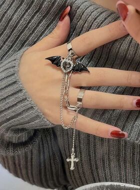 Gothic Black Bat Wing Cross Chain Rings Y2K Kpop Dark Crysta
