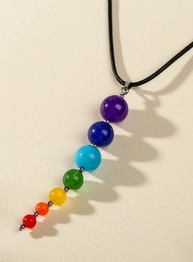 7 Chakras Colorful Chalcedony Natural Stone Leather Rope Nec