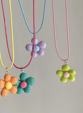 Colorful Five-Petal Flower Acrylic Pendant Necklace, Cute Sw