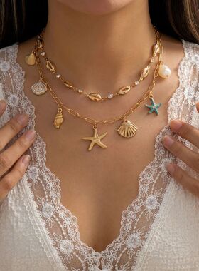 Bohemian Multilayer Metal Starfish Shell Pendant Necklace Fo