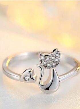Cute Cat Adjustable Ring, Open Crystal Charm Ring for Women