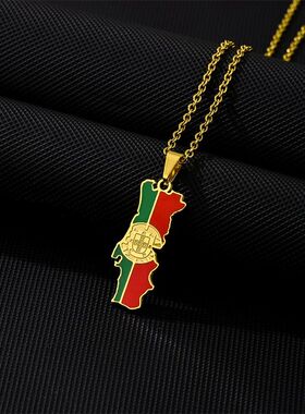 Enamel Portugal Map Flag Pendant Necklace Chain Women Stainl