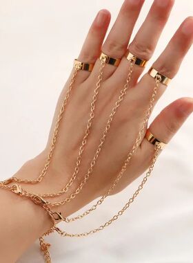 Punk Geometric Silver Color ring with chain For Teens Charm