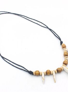 Tribal Imitation Wolf Teeth Beaded Necklace Adjustable Lengt