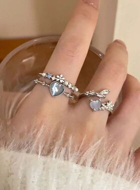 Fashion Blue Opal Heart Rings for Women Kpop Punk Gothic Ope