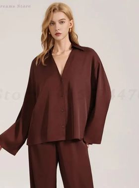 Sexy V-Neck Pajamas Set Satin Chiffon Sleepwear Women's Eleg