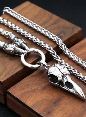 Nordic Viking Crow Head Skull Pendant Necklace Stainless Ste