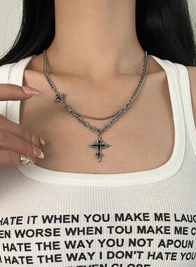 Set Style Heavy Metal Cross Necklace, Punk Double Layer Long