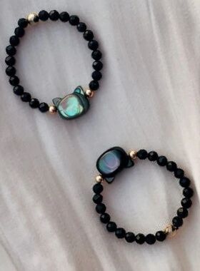Couple Rings Set - Moonstone Obsidian Elastic Beaded Ring fo