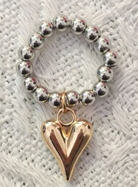 Adjustable Heart Beaded Ring, Elastic Rope Retro Handmade Ri